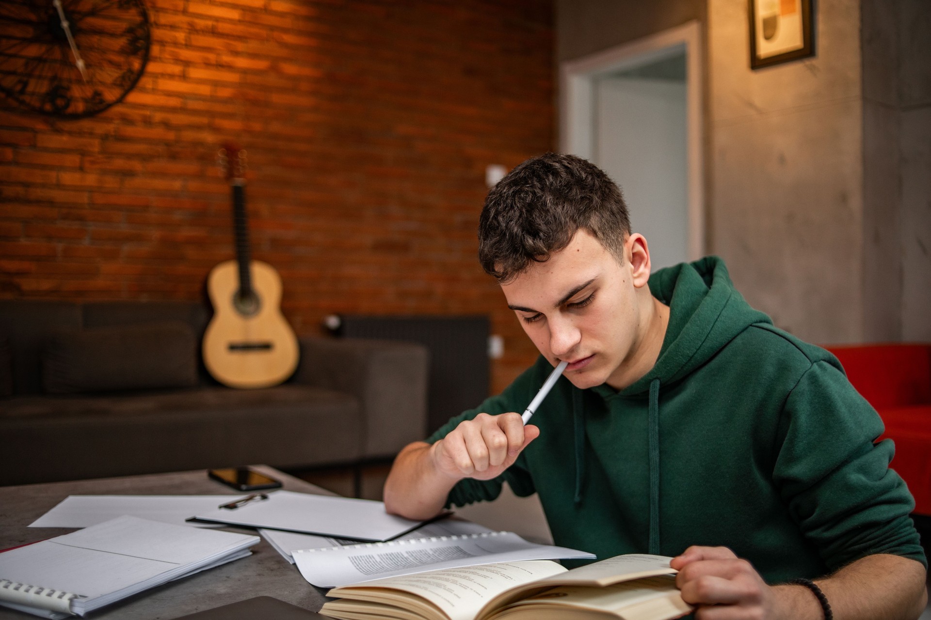 A young teenage student is studying at home